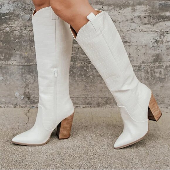 Dolce Vita Vanya Crocodile Embossed Knee High Boots in Bone - Picture 1 of 13